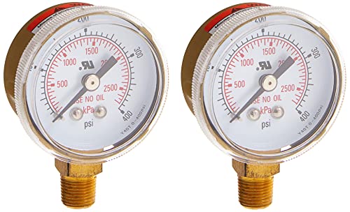 PIC Gauges 501D-UNO-204I Bottom Mount Dry Oil Free Pressure Gauge w/ Polished Brass Case, Copper Alloy Bourdon Tube, Twist-on Plastic Lens, 2" Dial, 0/400 psi Range, 1/4" Male NPT