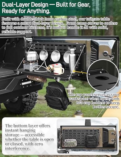 Image of JROAD No-Drill Tailgate Table for Jeep Wrangler JK 2007-2018,Foldable Jeep JK Tailgate Storage Cargo Rack with MOLLE Panel,Heavy Duty 88 lbs Capacity,Not Fit Trunk with Factory Subwoofer