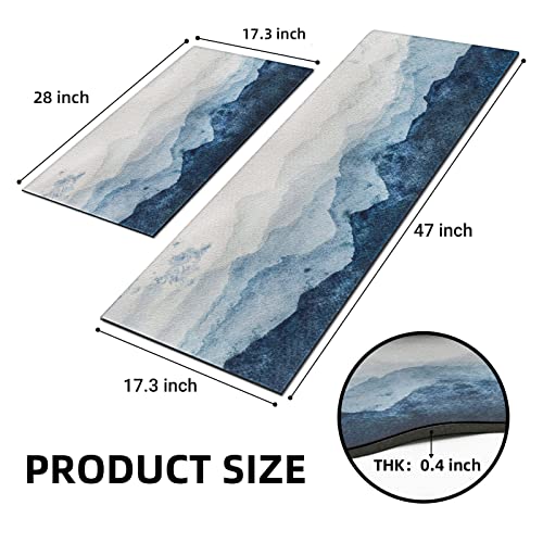 Blue Anti-Fatigue Kitchen Mats Set Of 2 Watercolor Mountain Kitchen Rugs Farmhouse Kitchen Floor Mat Washable Kitchen Rug Non Skid Comfort Standing Mat Set For Sink Laundry, 17.3X28+17.3X47 Inch #TOP6