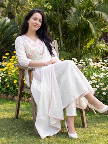 Image of INDO ERA Women's Pure Cotton Embroidered Thread Work Kurta & Pant with Dupatta Set (IEAI13046)