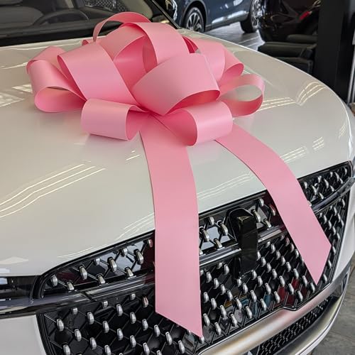 Image of CarBowz Big Car Bow for Decorations and Birthday Gifts, Large Ribbon, Magnet, Safe Sticker Included, Fully Assembled 30 inch Wide Huge Bow, No Suction Cup Needed (Pink)