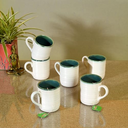 Image of AAKRITI ART CREATIONS White Dove Tea Cups Set of 6 | Ceramic Cup Set | Multipurpose Utility Cups | Modern Art Ceramic Cups, Kitchen Essentials | Glossy Finish, White Tea Cup Set