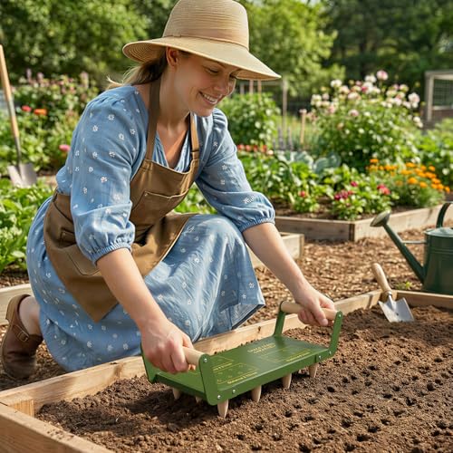 Seed Spacer Tool - Innovative Steel Gardening Template for Organized Planting & Bigger Yields DIY Layout with Interchangeable Pegs Ergonomic Wooden Handle