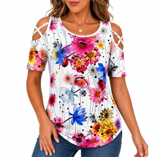 Image of Jar of Love Women's Summer Tops Short Sleeve Cold Shoulder Tops T-Shirts for Women Spring Summer Tops Loose Fit Tunic 2026