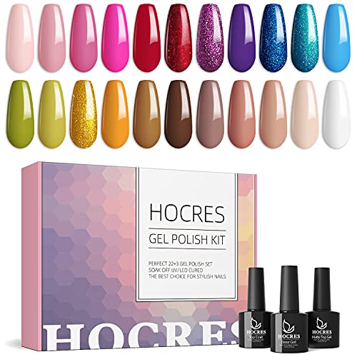 HOCRES 25 Pcs Gel Nail Polish Kit, Summer Party Collection Soak Off Nail Gel Polish Nude Skin Tones Colors Pink Red Blue Purple Glitter Gel Polish Set with Glossy & Matte Top Coat and Base Coat
