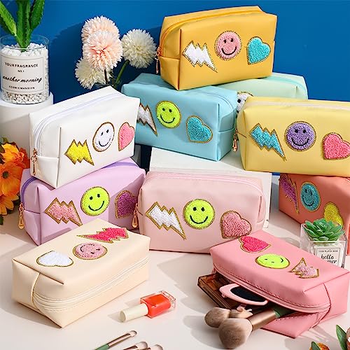 Sanwuta 20 Pcs Preppy Patch Makeup Bag Bulk PU Leather Cosmetic Bags Chenille Letters Organizer Smile Lightning Heart Toiletry Pouch Waterproof Zipper Purse End of the Year Teacher Gifts for Women3