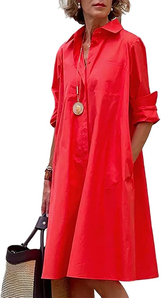 Womens Linen Long Sleeve Simple Printed Button Down Shirt Dress Plus Size Loose Shirt Dresses for Women with 2 Pockets