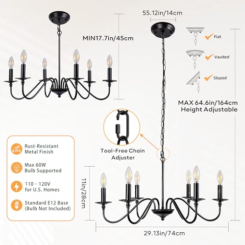 Image of 6-Light Farmhouse Chandelier, Industrial Black Ceiling Light Fixture with Rustic, Adjustable Hanging Height,for Island, Dining Room, Living Room, Entryway
