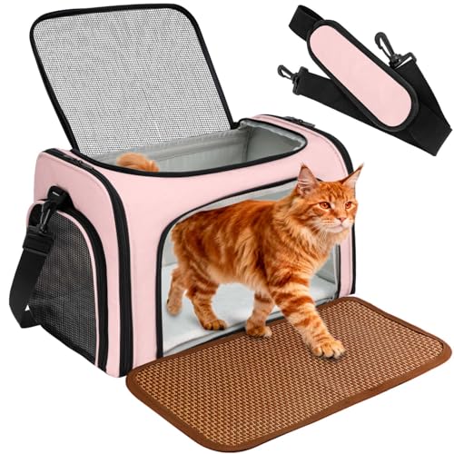 DSDCDJ Cat Carrier Dog Carrier - Soft-Sided Cat Carrier with Plush Pad & Cooling Mat, Easy-Load 4-Side Zipper & 3-Side Mesh Ventilation, Pet Carrier Airline Approved for Cats/Dogs Up to 16 lbs, Pink