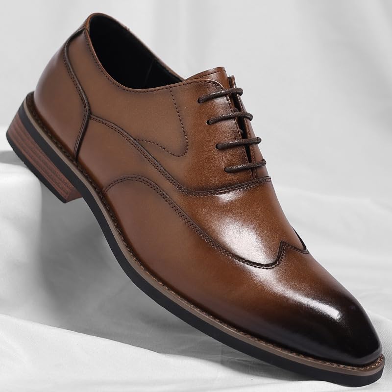 Men's Leather Oxfords Business Formal Lace-Up Shoes Classic Dress Footwear for Office Wedding(Brown,8)2