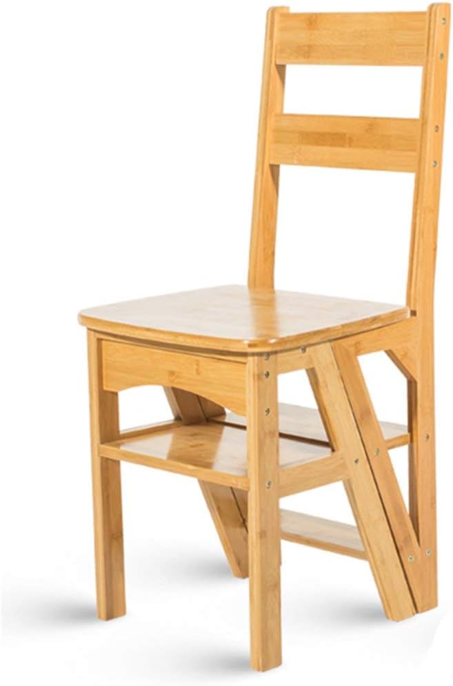 Bamboo Household Multifunction Step Ladder Solid Wood Stool Child Folding Chair Dual-use Four-Step Ladder Climb High Ladder (Color : Wood)
