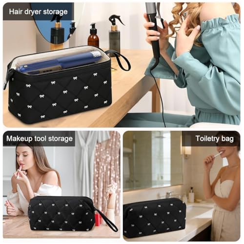 Image of MAYCREATE Hair Dryer Storage Bag Hair Styling Tool Travel Organizer Bags Zipper Storage Bag Sweet Bow Quilted Cotton Organizer Bags, 35x20x15cm, Black