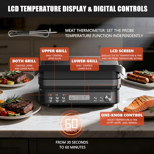 Image of CATTLEMAN Panini Grill Press Sandwich Maker with Removable Plates, 1600W, 5 in 1 Smokeless Indoor Grill & Griddle with Meat Thermometer, PFAS Free Ceramic Nonstick Reversible Plates, Opens Flat