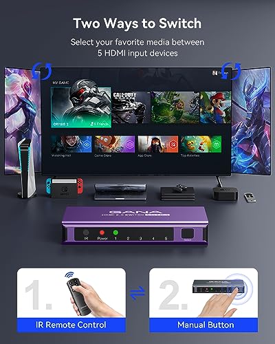 Image of HDMI Switch 5 in 1 Out 4K@60Hz, GANA HDMI Splitter Switcher with Remote, Aluminum HDMI 2.0 Switch Box Hub for 3D, HDCP2.2, HDR, Compatible with Xbox, PS5 /4 /3,Fire Stick,Roku,Blu-Ray Player, Purple