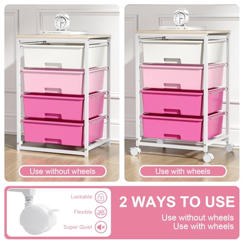 Image of SYKIARIOL Rolling Cart with Drawers, 4-Drawer Utility Cart, Pink