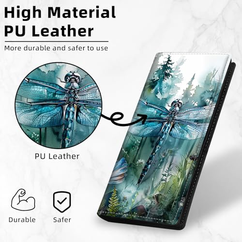 Slim Thin RFID Blocking Credit Card Wallets, Long Wallet for Women, Bifold PU Leather Credit Card Holder Cute Cash Clutch Long Billfold, Button protection, Dragonfly and Forest4