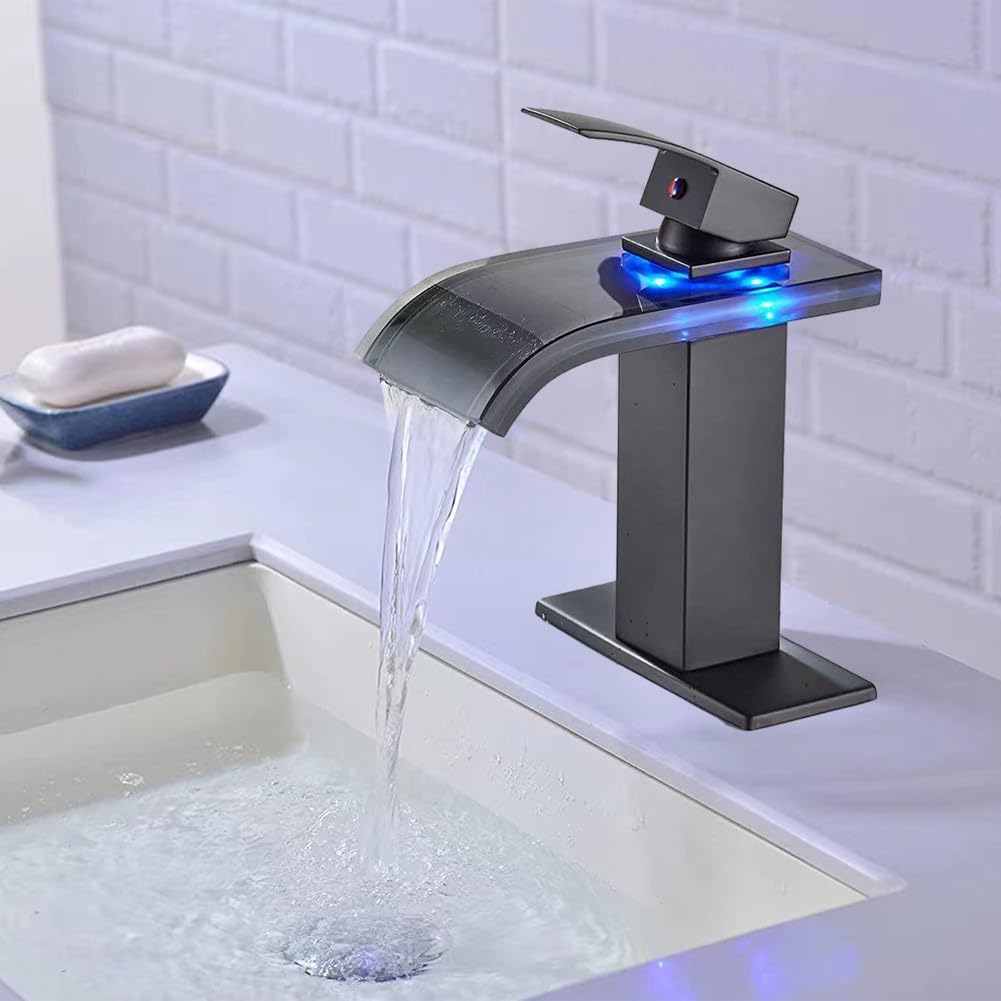 Kran wodospadowy LED – nowoczesny kran łazienkowy i kuchenny ze światłem odpornym na temperaturę, przyjazny dla środowiska design, łatwe wkładanie, bateria zlewozmywakowa Slish do modernizacji domu