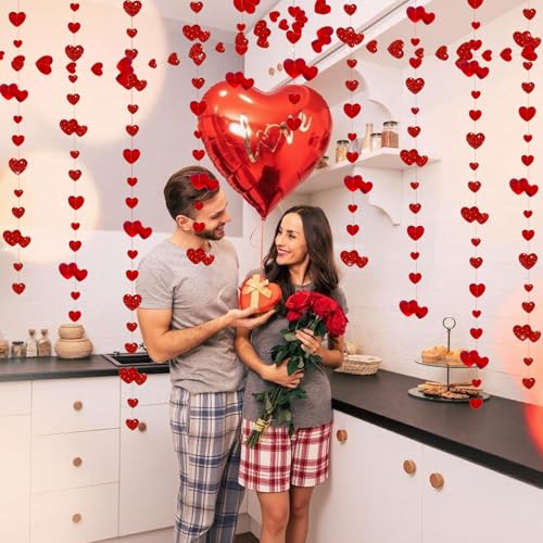 Image of Valentines Day Party Decoration Red Heart Garland 39Ft Glitter Hanging Heart Streamer Love Banner for Anniversary Engagement Wedding Galentines Birthday Bachelorette Mother's Day Party Supplies