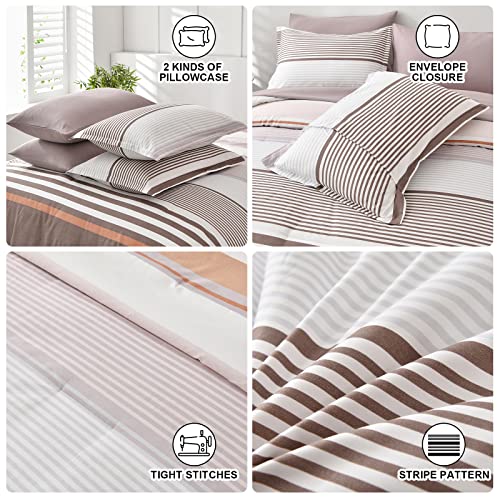 Luxudecor Taupe Comforter Set Queen Size 7 Pieces, Stripe Bed In A Bag, Khaki Brown Patchwork Striped Comforter And Sheet Set, Soft Microfiber Complete Bedding Set For All Season (Taupe, 90"X90") #TOP4