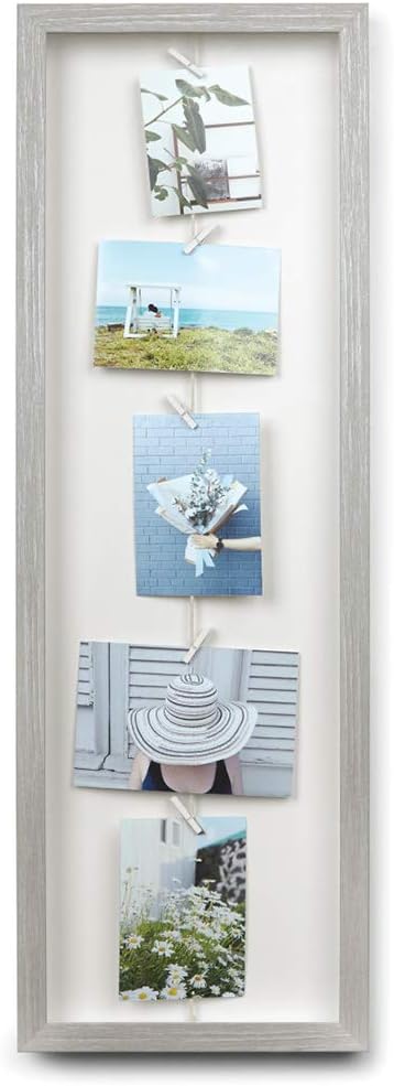 Umbra Clothesline Flip, Picture Hanging Wire/Clothespin Photo Display, Grey Wood Finish