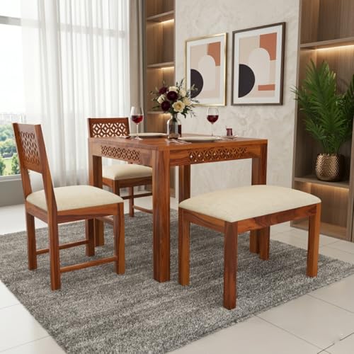 Image of Wood Dining Table with Chair 4 Seater || Dining Table Set || Dining Room Set || Wooden 4 Seater Dining Table || Modern and Unqiue Dining Table Home Living Room (4 Seater Dining Table) Honey Finish