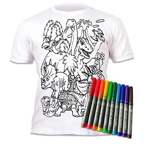 Splat Planet Color in Dinosaur, förhistorisk T-shirt med 10 giftfria tvättbara magiska färgpennor - Färg in och tvätta ut T-shirt (5-6 Jahre)