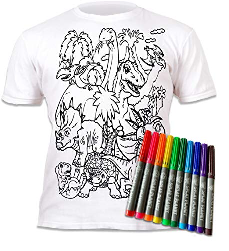 Splat Planet T-shirt DINOS, dinossauros para meninos e meninas, com impressão para pintar e colorir, inclui 6 cores mágicas laváveis, aniversário infantil - Branco