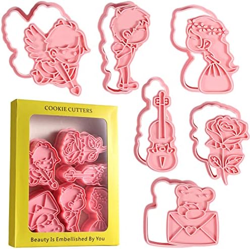 Valentine's Cookie Cutters with Plunger Stamps Set, 6pcs 3D Cartoon Pressable Embossing Cutters, Wedding Cookie Cutters Set Romantic Proposal Cookie Cutters for Party Baking Decoration