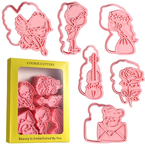 Valentine's Cookie Cutters With Plunger Stamps Set, 6Pcs 3D Cartoon Pressable Embossing Cutters, Wedding Cookie Cutters Set Romantic Proposal Cookie Cutters For Party Baking Decoration #TOP30