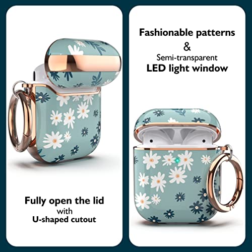 Tatofy Case Cover For Airpods 1&2, Stylish Airpods Case For Women Girls, Flower Patterns Protective Hard Case With Clip (Cyan) #TOP3
