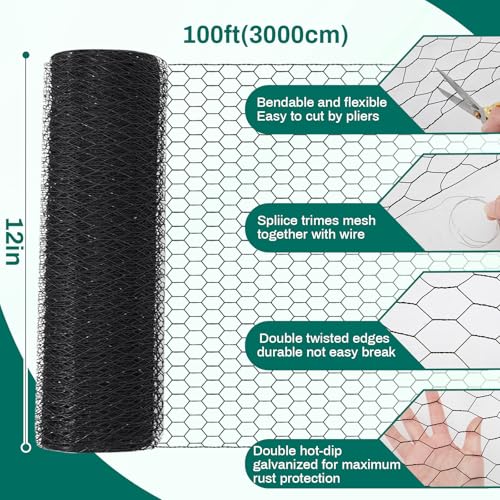 Image of GlikCeil 12 in x 300 ft Chicken Wire Mesh Fencing for Floral Garden, 23 Gauge Black Galvanized Steel Wire, 1 Inch Hexagonal Hardware Cloth Netting for Farm Crafts Poultry Coop Barrier Rabbit Cage