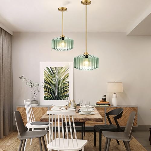 Image of 2 Pack Mid Century Gold Pendant Light Fixtures Adjustable Ceiling Hanging Light Mint Green Glass Chandelier for Hallway Porch Kitchen Bedroom Coffee Shop Dining Room
