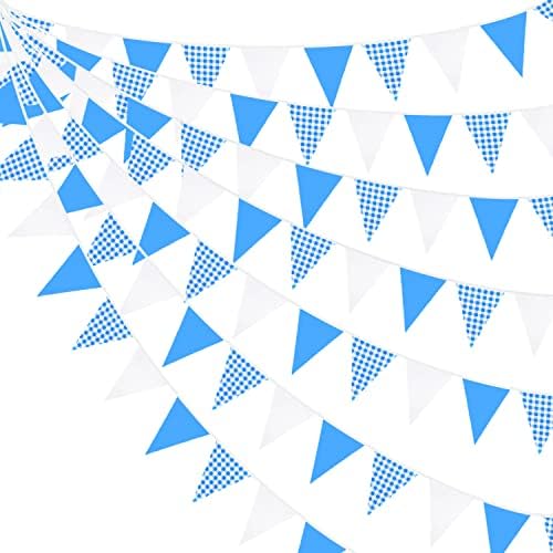 32Ft Pink White Plaid Fabric Bunting Banner Party Decorations Checkered Gingham Triangle Flag Pennant Garland for Wedding Birthday Engagement Baby Shower Picnic BBQ Theme Outdoor Garden Festival Decor