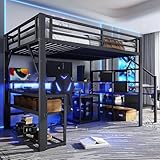 Kinderbett Hochbett 140x200 cm,Metallbett mit LED-Lichtleiste und USB-Anschluss,mit Treppe und...