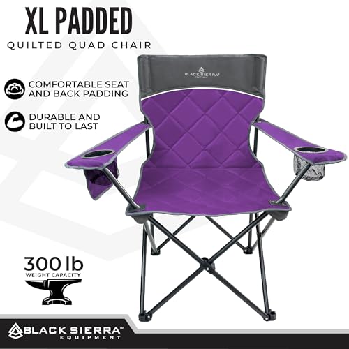 Oversized Black Sierra Quilted Padded Camping Chair - Heavy Duty Outdoor Lounge Seat, Supports 300 lbs, Portable Folding Design with Cup Holder for Beach, Sports, and Patio - Image 4