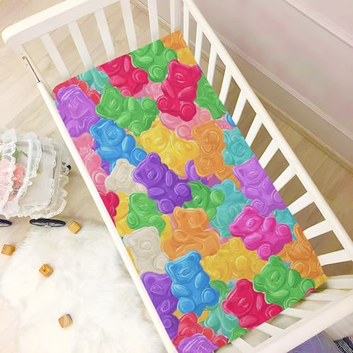 Image of Baby Crib Sheet Colorful Sweet Jelly Bears Crib Mattress for Boys and Girls Gummy Candies Playard Sheet Soft Breathable Fitted Baby Mattress Cover 52x28in