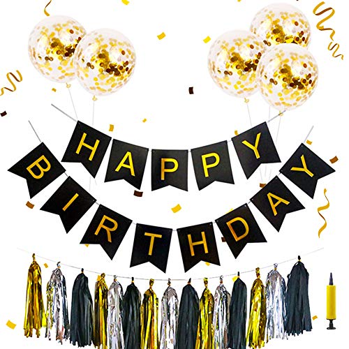 Cumpleaños Decoraciones, Happy Birthday Banner Set Sequin Confetti Balloons Gold Silver Black Tassel Trim para Decoraciones de cumpleaños