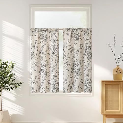 jinchan Linen Cafe Curtains 45 in Black Floral Farmhouse Tier 2 Panels