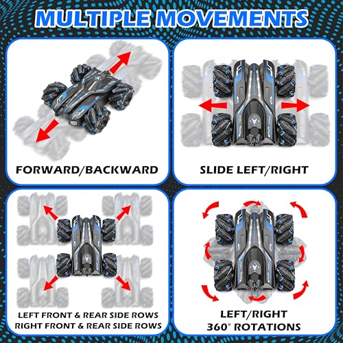 Image of VGRASSP 4WD Rechargeable Dual Control Stunt Drift Car Toy for Kids with Remote Control and Gesture Wrist Controller - 360 Rotating Double-Sided RC Car with Mist Smoke Spray, Lights & Sound - Blue