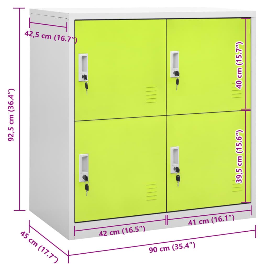 Armadio grigio chiaro e verde, 90 x 45 x 92,5 cm, robusto armadio in metallo in acciaio con 4 scomparti e serrature, armadietto moderno per ufficio, scuola, archivio e home office