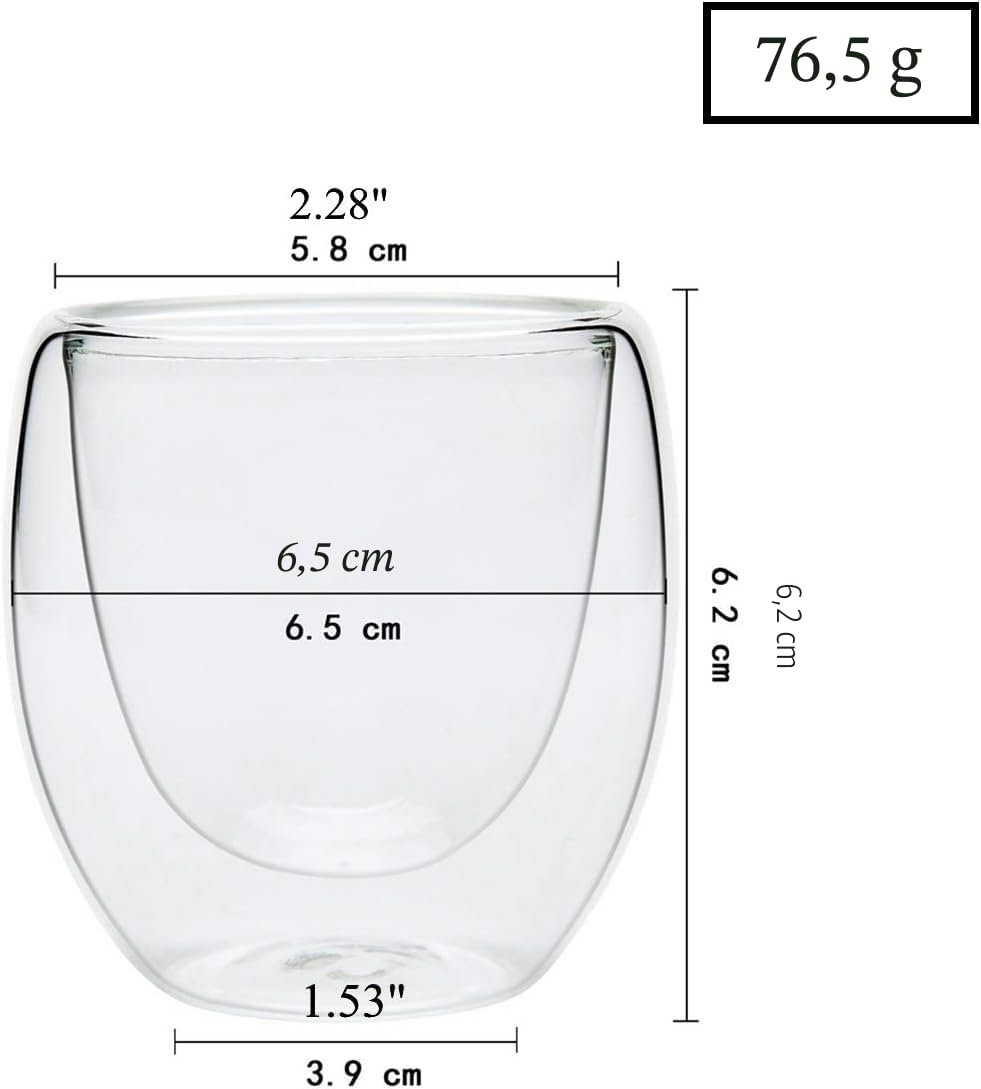 Tazas de Café de Cristal, 6 * 80ml Tazas de Café de Cristal, Vasos de Espresso de Doble Pared Transparente,Tazas de Vidrio Borosilicato para Té