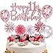 Conruich Decoración para tarta de cumpleaños número 11 con texto "Happy 11th Birthday", color oro rosa, con abanicos de papel y confeti, globos con purpurina, decoración para tarta de 11 cumpleaños