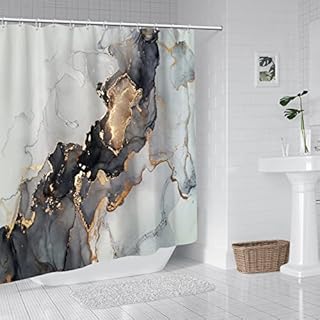 Modloan Shower Curtain, 180 x 180 cm Shower Curtains Mould Proof Resistant Waterproof Washable Polyester Fabric, Bathroom Curtains Shower Curtain with 12pcs Hooks (Black Gold Texture)