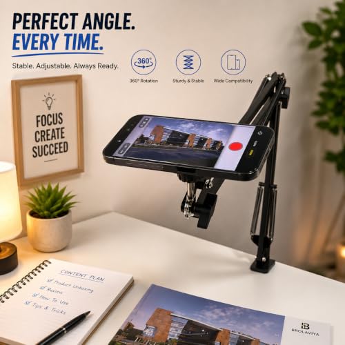 Image of BROLAVIYA Ovehead Magnetic Phone Holder with Adjustable Clamp Arm | Hands-Free Bed, Desk & Table Mount | 360 Rotation | Strong Magnet Compatible with iPhone and Smartphones for Home, Office