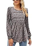 LOMON Women's Casual Long Sleeve Tunic Tops Dressy Round Neck Smocked Top Dressy Casual Business Floral Shirred Blouse Shirts