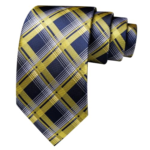 Image of Barry.Wang Plaid Ties Mens Silk Necktie and Tie Clip Checkered Tie for Wedding Party Business Formal
