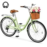 MOONCOOL Womens Bike 7 Speed, 24 26 inch Beach Cruiser Bikes for Women, Step Through Adult Bicycle with Front Basket for City Commuting