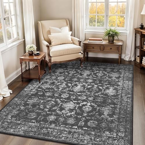 DUIDY 4x5 Washable Bedroom Area Rug Non-Slip Vintage Black Throw Carpet