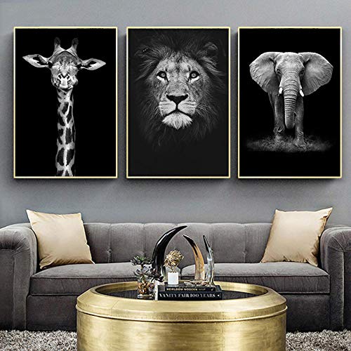 Éléphant Zèbre Lion Girafe Rhino Noir Blanc Animal Toile Tableau Murale Art Peinture Affiche Moderne Tableaux Decoration Murale 40 × 60 cm × 3 Sans Cadre