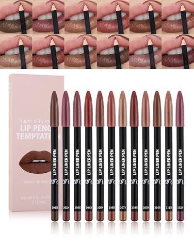 Matte Lip Liner Pencil Set, 12 Colors Creamy Lipliner Crayon, Long Lasting Waterproof Lip Tint Stain, Smooth, High Pigmented, Smudge-Proof Non-Stick Cup Lipstick Makeup Pen, Lip Liners Kit for Women-S